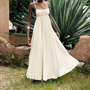 Beige Sexy Women's Loose Design Linen-Color Shirt Collar Pleated Midi Dress